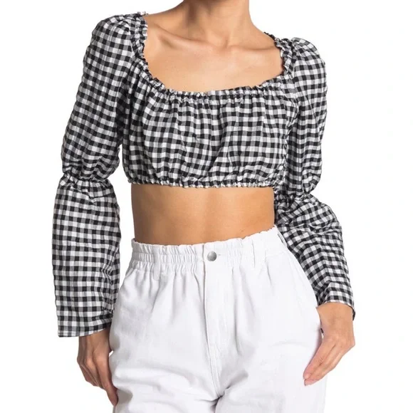 Topshop Gingham Plaid Puff Bell Sleeve Crop Top Plus Size 14 - Picture 1 of 5